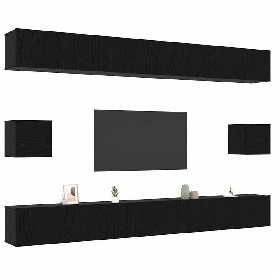 Tv-meubelset Wandgemonteerd 8 pcs Zwart Eiken Bewerkt hout