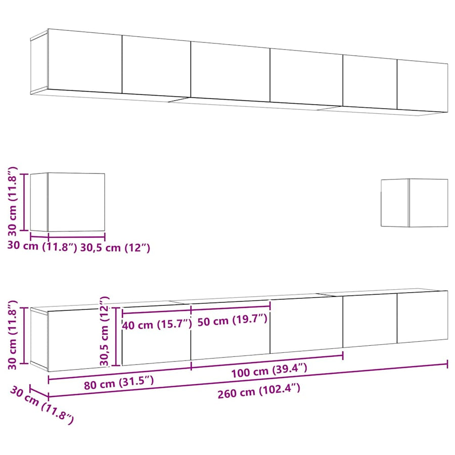 Tv-meubelset Wandgemonteerd 8 pcs Zwart Eiken Bewerkt hout