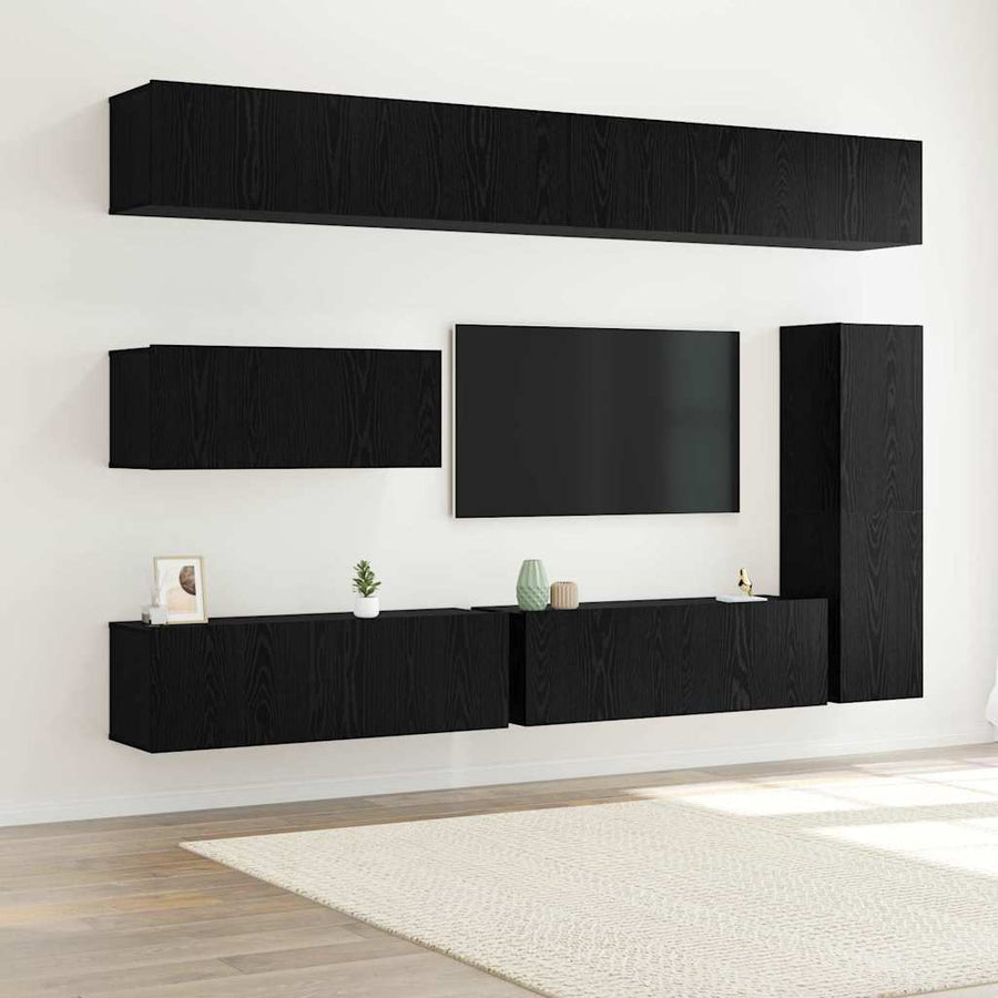 Tv-meubelset Wandgemonteerd 7 pcs Zwart Eiken Bewerkt hout