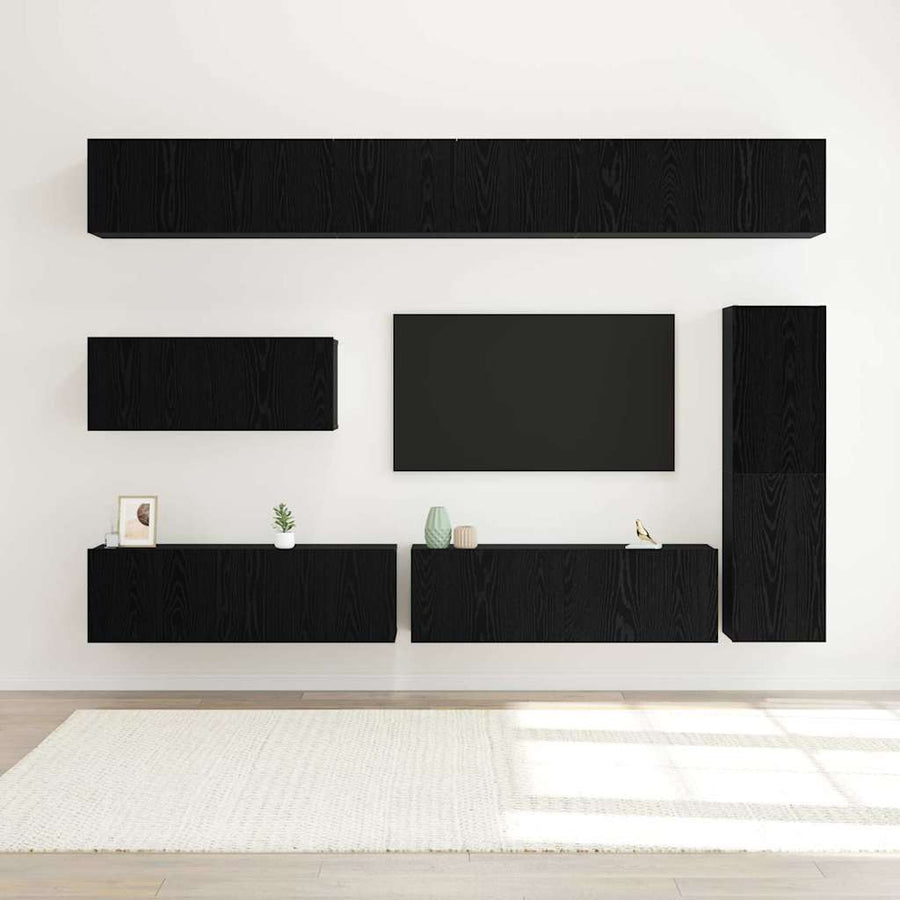 Tv-meubelset Wandgemonteerd 7 pcs Zwart Eiken Bewerkt hout