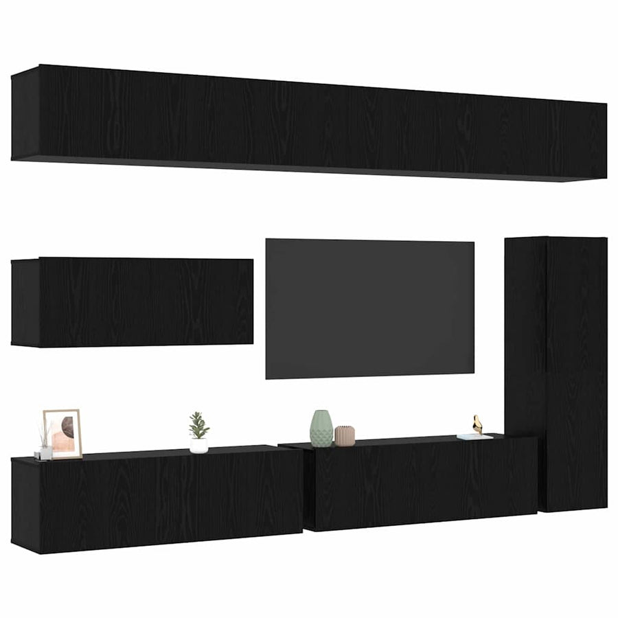 Tv-meubelset Wandgemonteerd 7 pcs Zwart Eiken Bewerkt hout