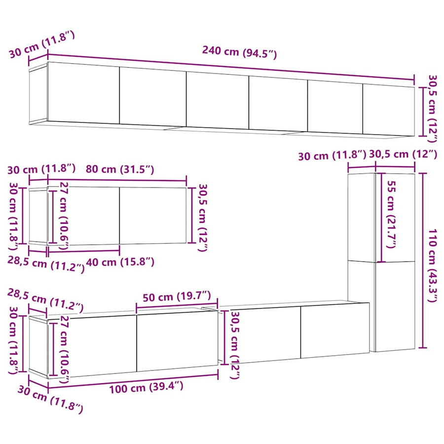 Tv-meubelset Wandgemonteerd 7 pcs Zwart Eiken Bewerkt hout