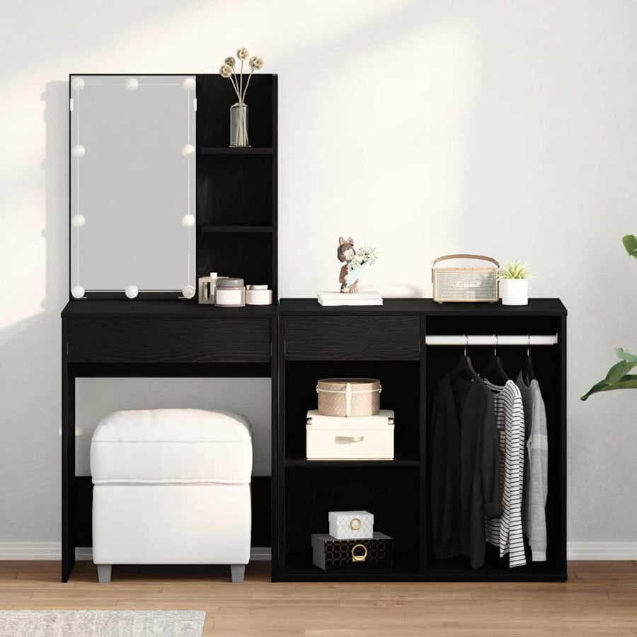 LED Make-up Tafel Set met lade Zwart Eiken 140 x 40 x 140 cm
