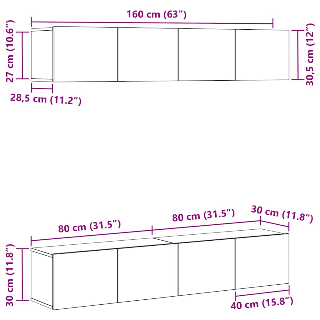 Tv-meubelset 4 pcs Zwart Eiken 80 x 30 x 30 cm Bewerkt hout