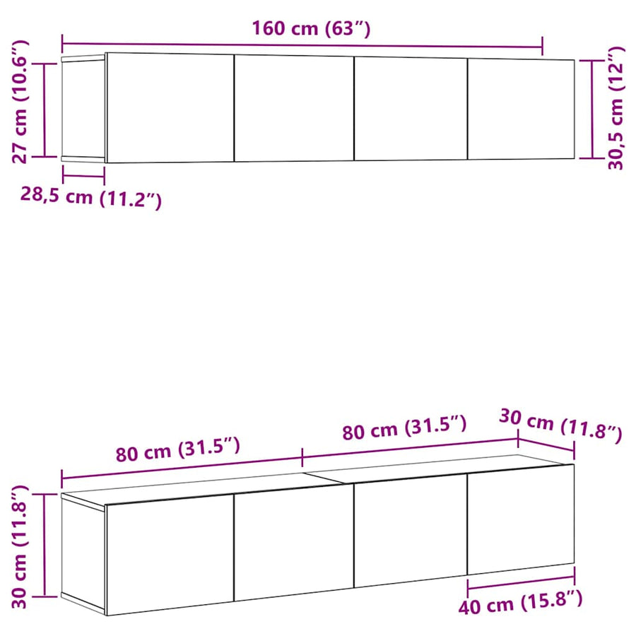 Tv-meubelset 4 pcs Zwart Eiken 80 x 30 x 30 cm Bewerkt hout