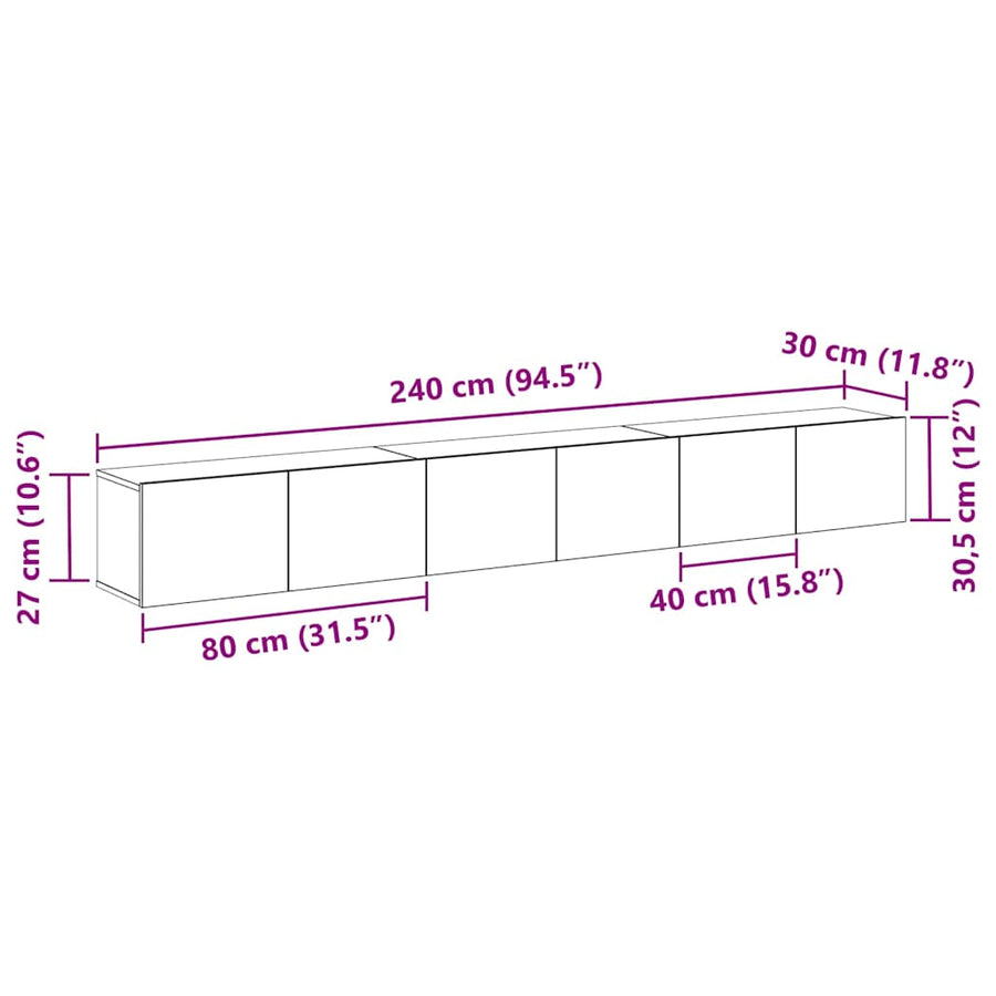 Tv-meubelset 3 pcs Zwart Eiken 80 x 30 x 30 cm Bewerkt hout