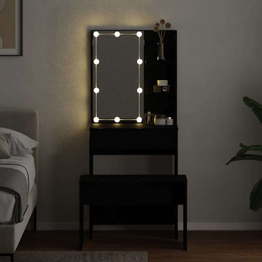 LED Make-up Tafel Set met lade 2 pcs Zwart Eiken Bewerkt hout