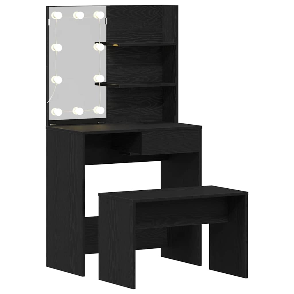 LED Make-up Tafel Set met lade 2 pcs Zwart Eiken Bewerkt hout