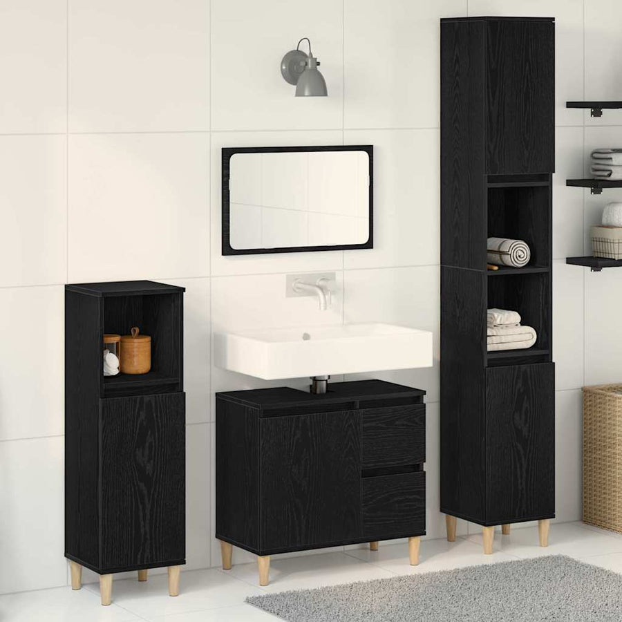 Badkamermeubelset 3 pcs Zwart Eiken Geperst Hout en Metaal