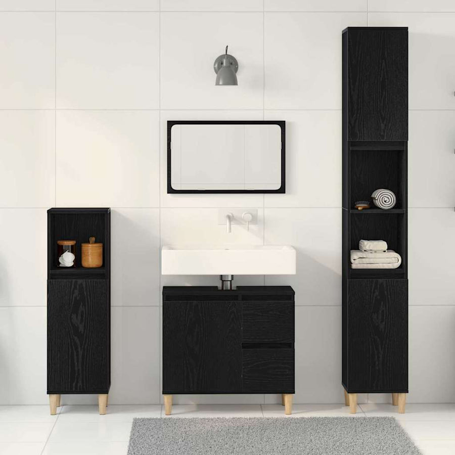 Badkamermeubelset 3 pcs Zwart Eiken Geperst Hout en Metaal