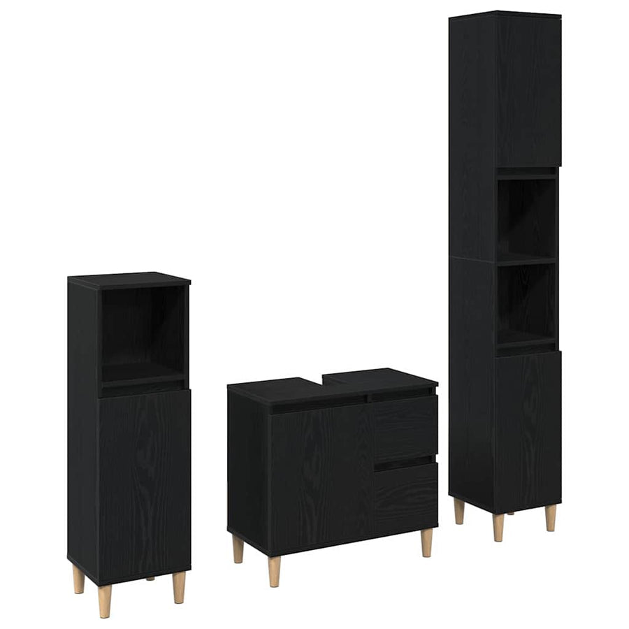 Badkamermeubelset 3 pcs Zwart Eiken Geperst Hout en Metaal