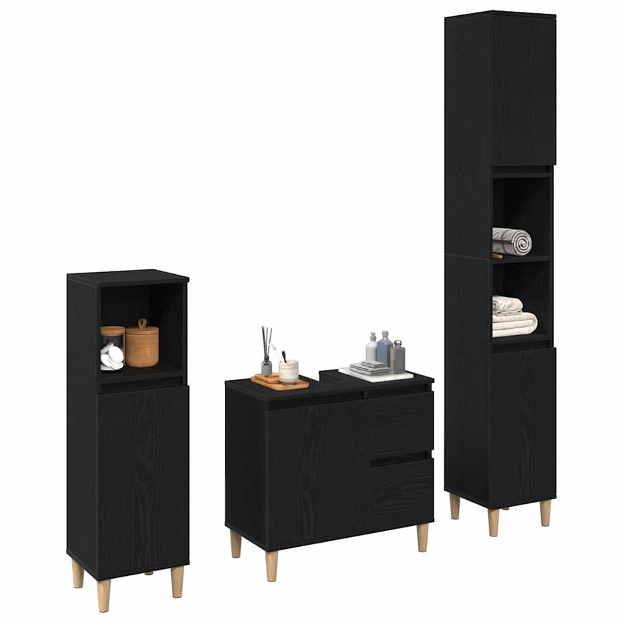 Badkamermeubelset 3 pcs Zwart Eiken Geperst Hout en Metaal