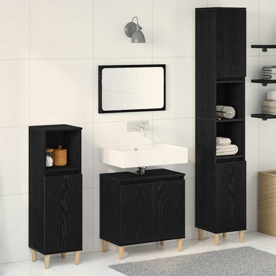 Badkamermeubelset 3 pcs Zwart Eiken Geperst Hout en Metaal