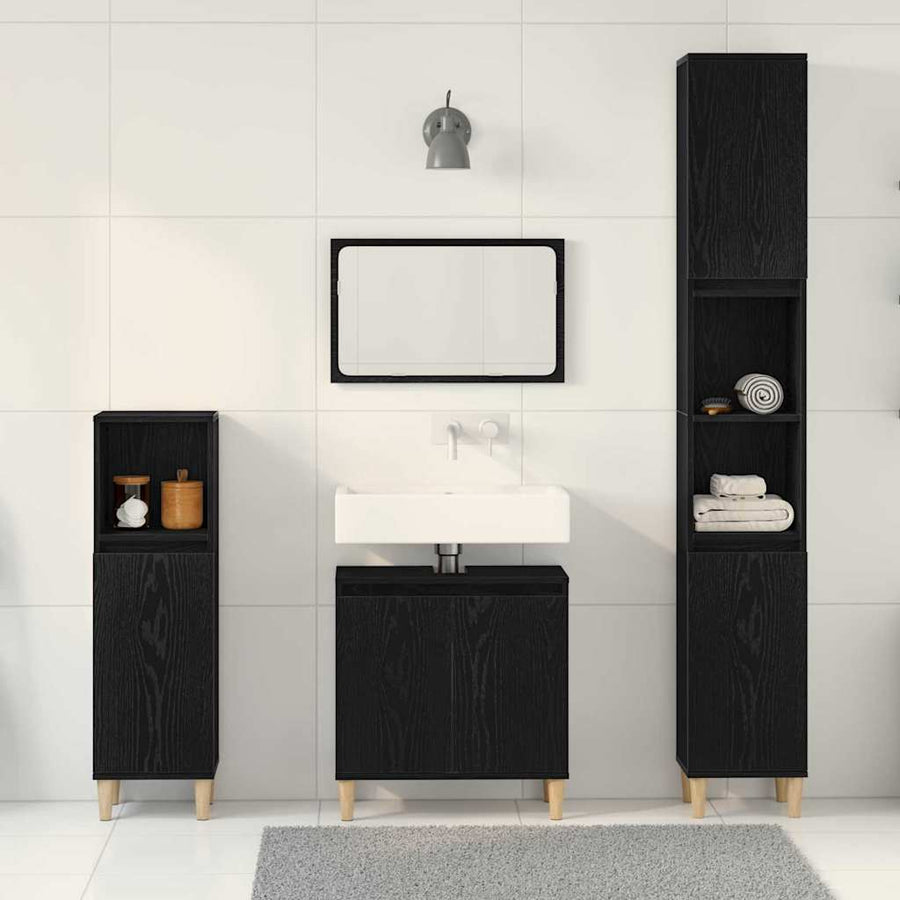 Badkamermeubelset 3 pcs Zwart Eiken Geperst Hout en Metaal