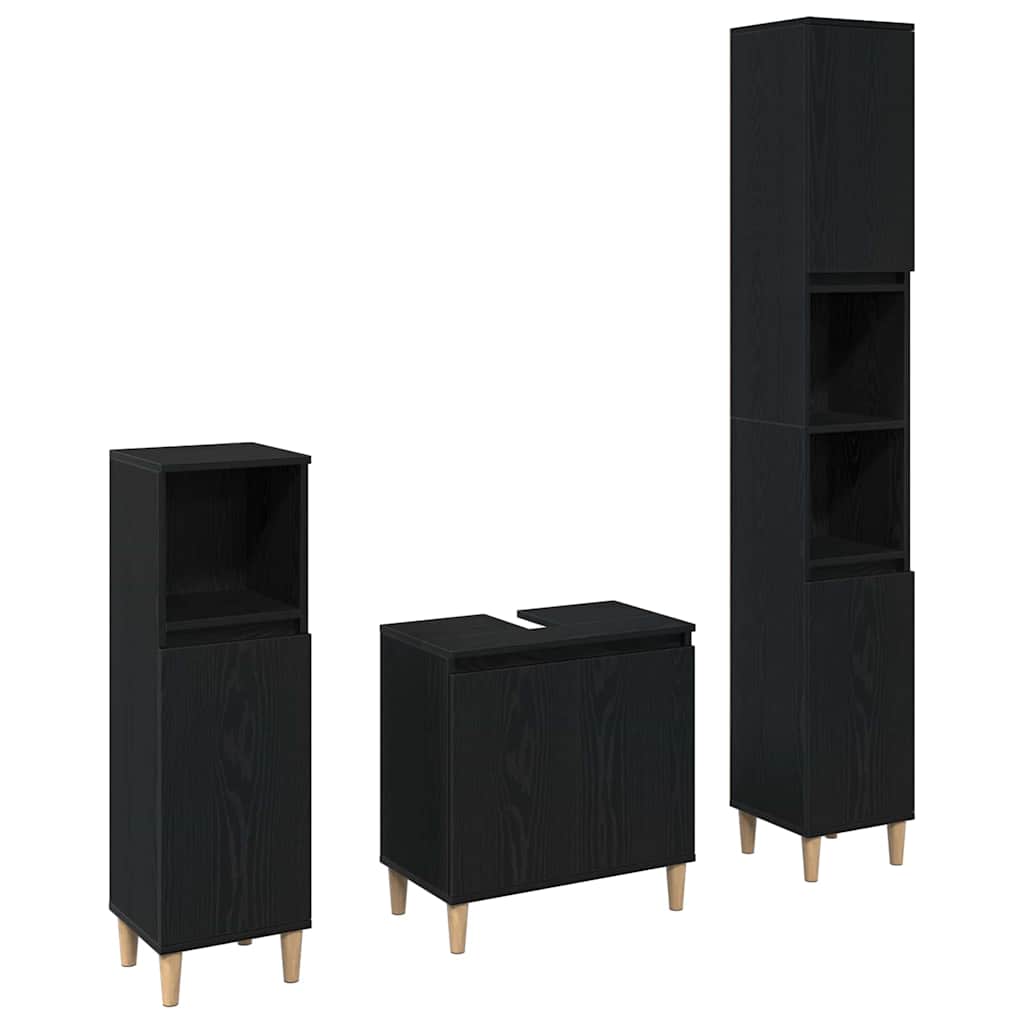 Badkamermeubelset 3 pcs Zwart Eiken Geperst Hout en Metaal