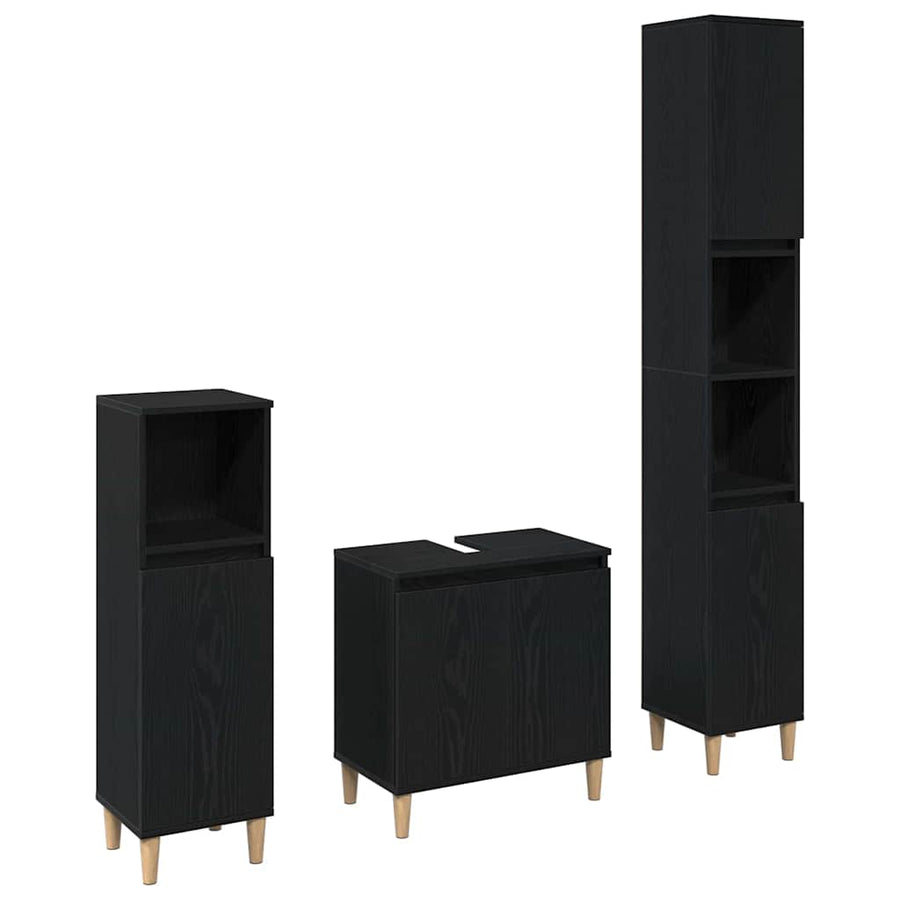Badkamermeubelset 3 pcs Zwart Eiken Geperst Hout en Metaal