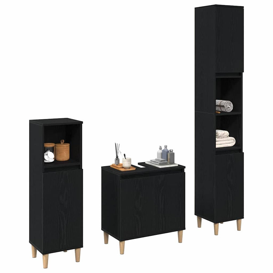 Badkamermeubelset 3 pcs Zwart Eiken Geperst Hout en Metaal