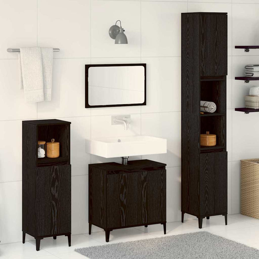 Badkamermeubelset 3 pcs Zwart Eiken Geperst Hout en Metaal
