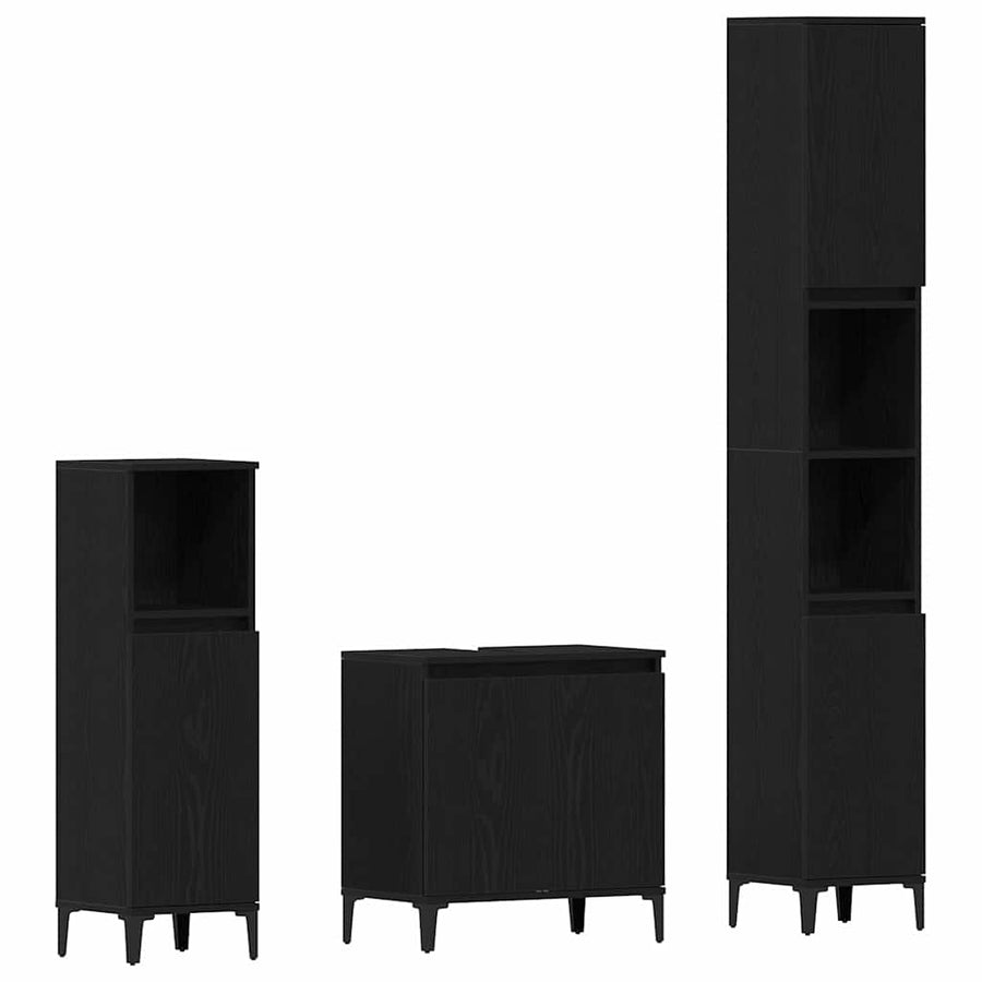 Badkamermeubelset 3 pcs Zwart Eiken Geperst Hout en Metaal
