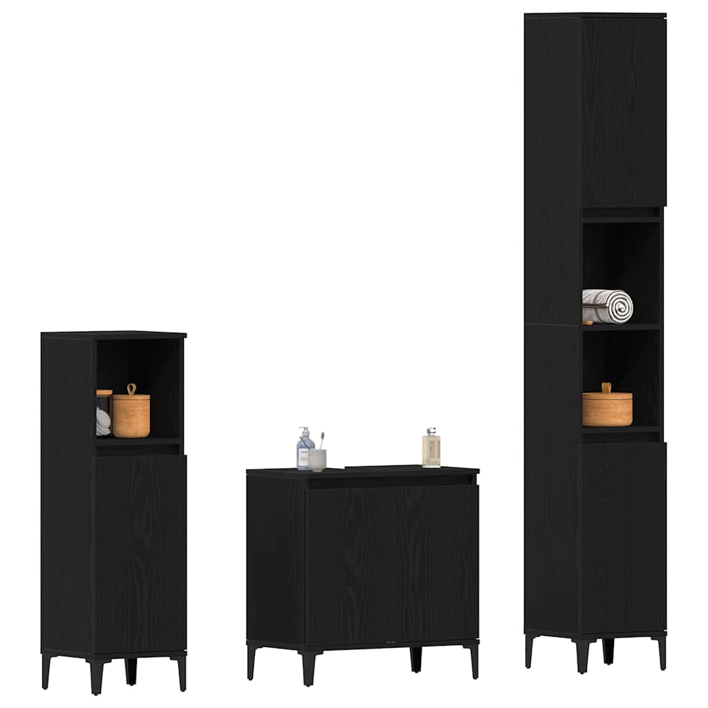 Badkamermeubelset 3 pcs Zwart Eiken Geperst Hout en Metaal