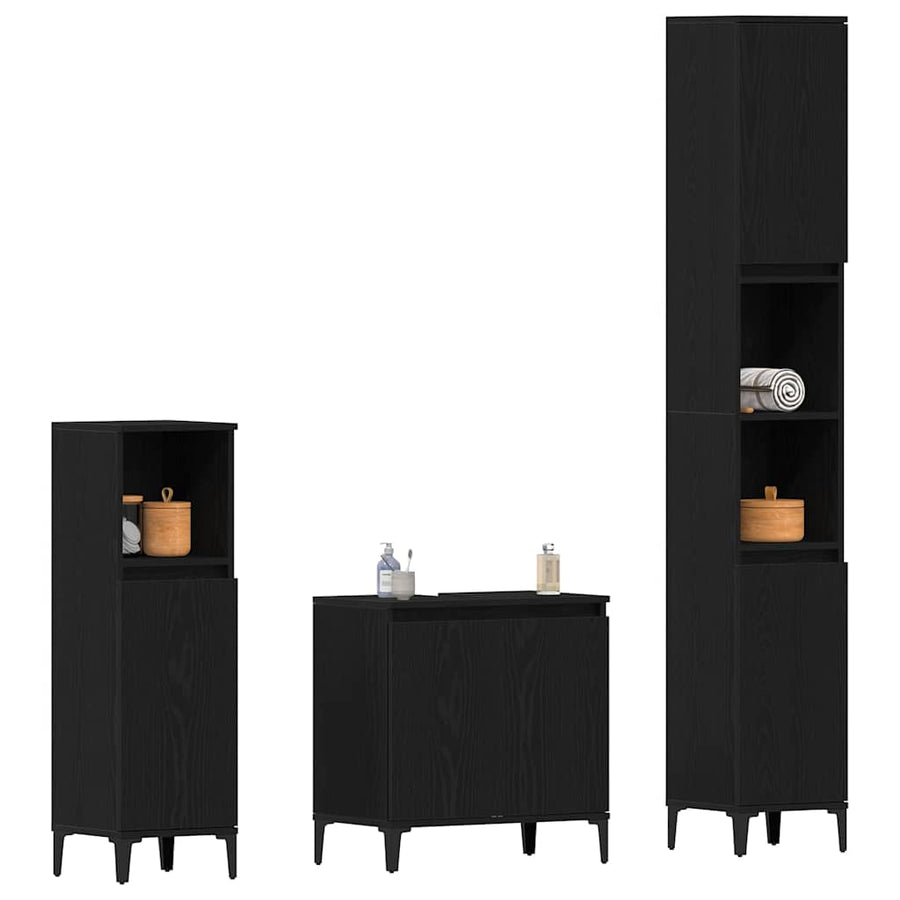 Badkamermeubelset 3 pcs Zwart Eiken Geperst Hout en Metaal