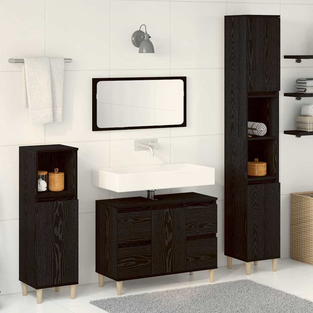 Badkamermeubelset 3 pcs Zwart Eiken Geperst Hout en Metaal