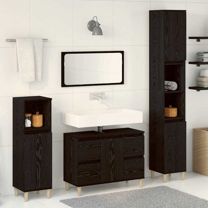 Badkamermeubelset 3 pcs Zwart Eiken Geperst Hout en Metaal