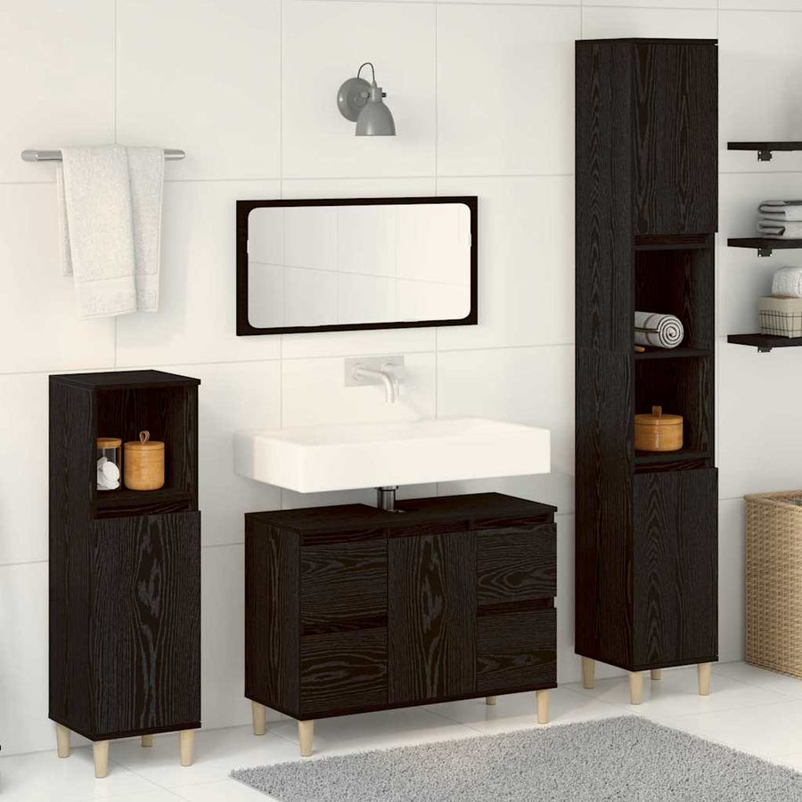 Badkamermeubelset 3 pcs Zwart Eiken Geperst Hout en Metaal