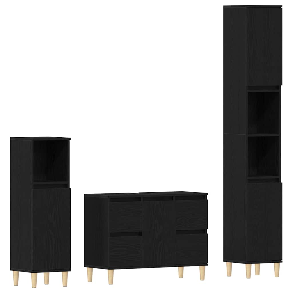 Badkamermeubelset 3 pcs Zwart Eiken Geperst Hout en Metaal