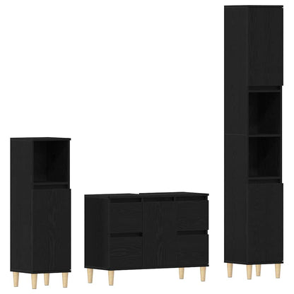 Badkamermeubelset 3 pcs Zwart Eiken Geperst Hout en Metaal