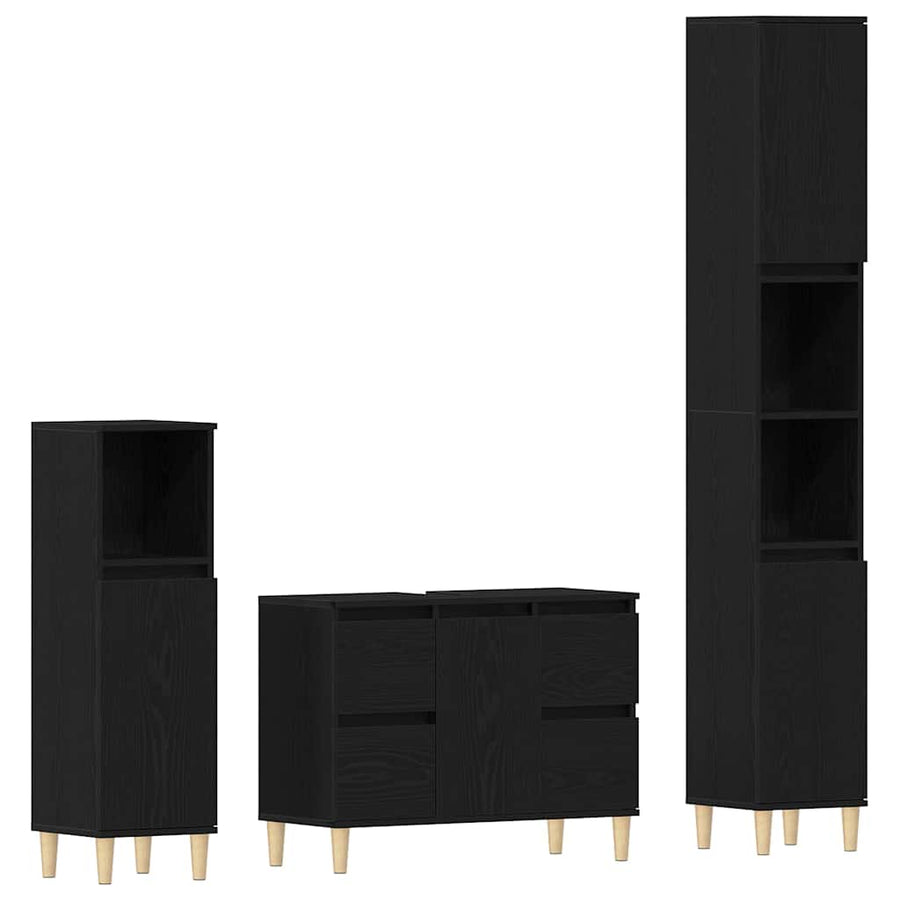 Badkamermeubelset 3 pcs Zwart Eiken Geperst Hout en Metaal
