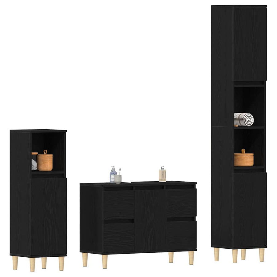 Badkamermeubelset 3 pcs Zwart Eiken Geperst Hout en Metaal