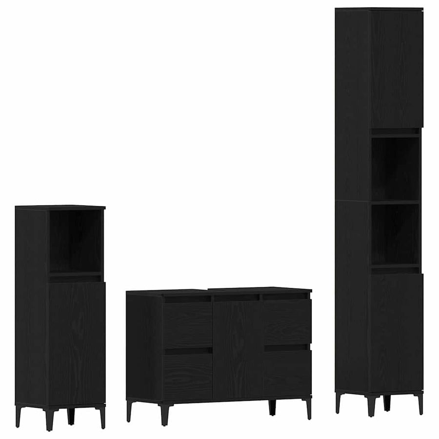 Badkamermeubelset 3 pcs Zwart Eiken Geperst Hout en Metaal