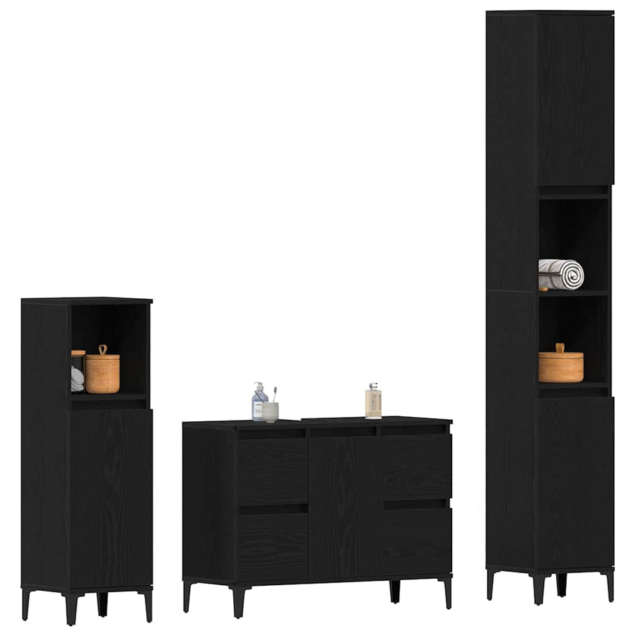 Badkamermeubelset 3 pcs Zwart Eiken Geperst Hout en Metaal