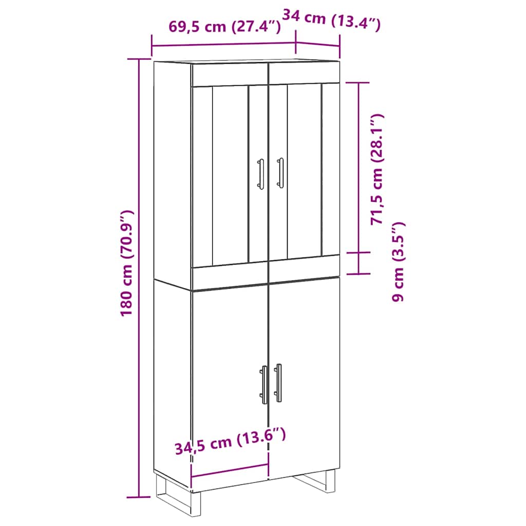 Hoge kast Zwart Eiken 69,5 x 34 x 180 cm Bewerkt hout