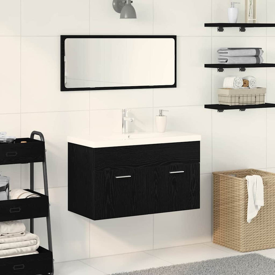 Badkamerkast Zwart Eiken 90 x 38,5 x 46 cm Bewerkt hout