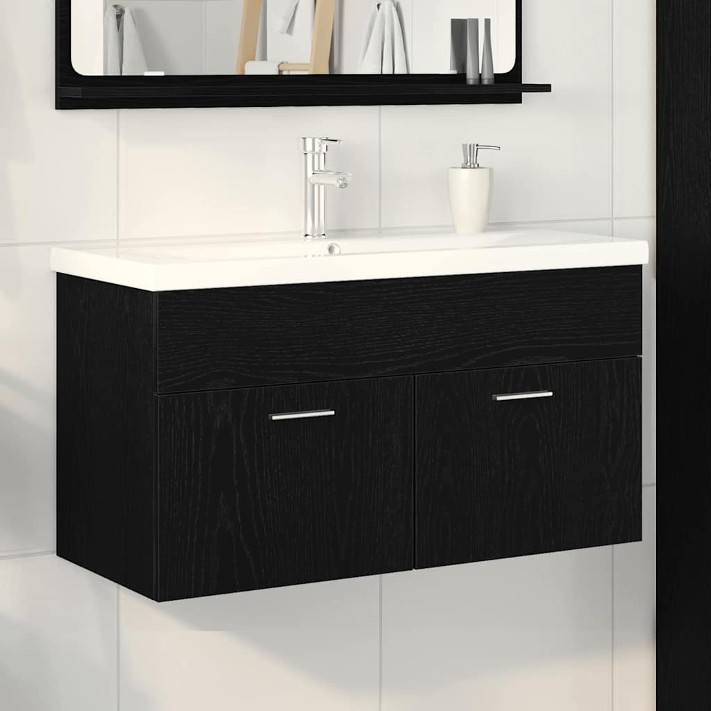 Badkamerkast Zwart Eiken 90 x 38,5 x 46 cm Bewerkt hout