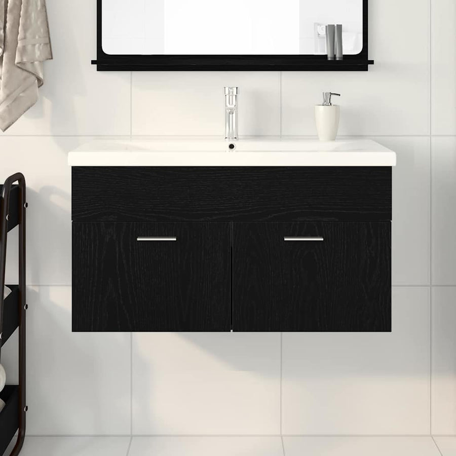 Badkamerkast Zwart Eiken 90 x 38,5 x 46 cm Bewerkt hout