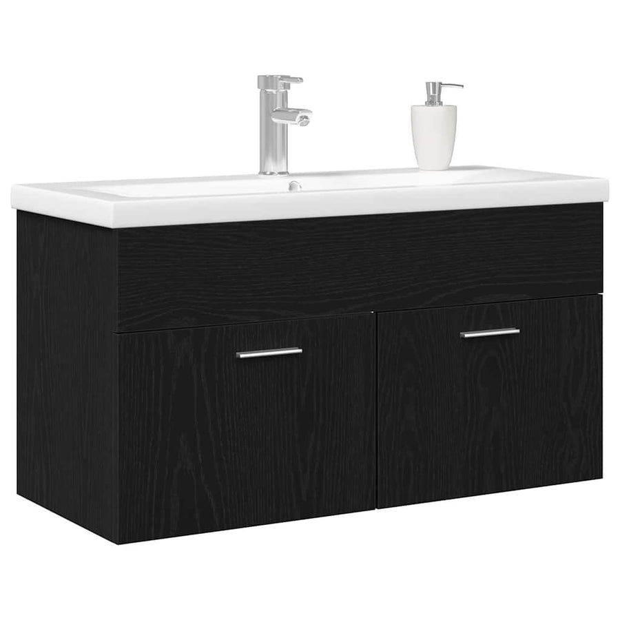 Badkamerkast Zwart Eiken 90 x 38,5 x 46 cm Bewerkt hout