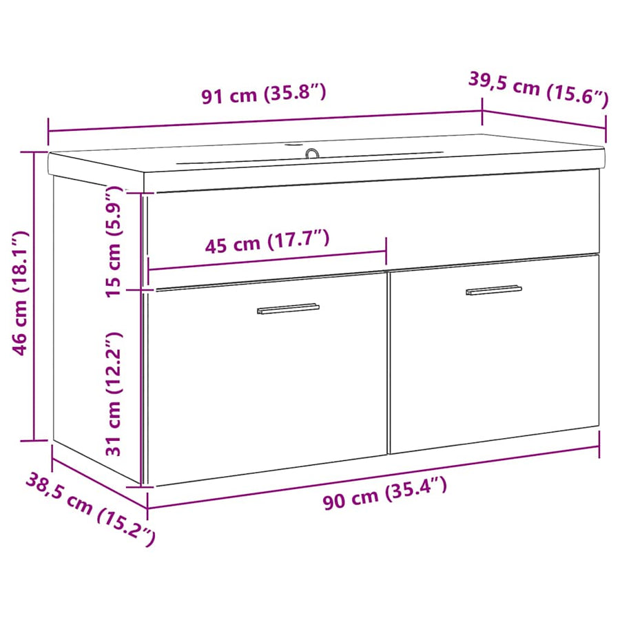 Badkamerkast Zwart Eiken 90 x 38,5 x 46 cm Bewerkt hout