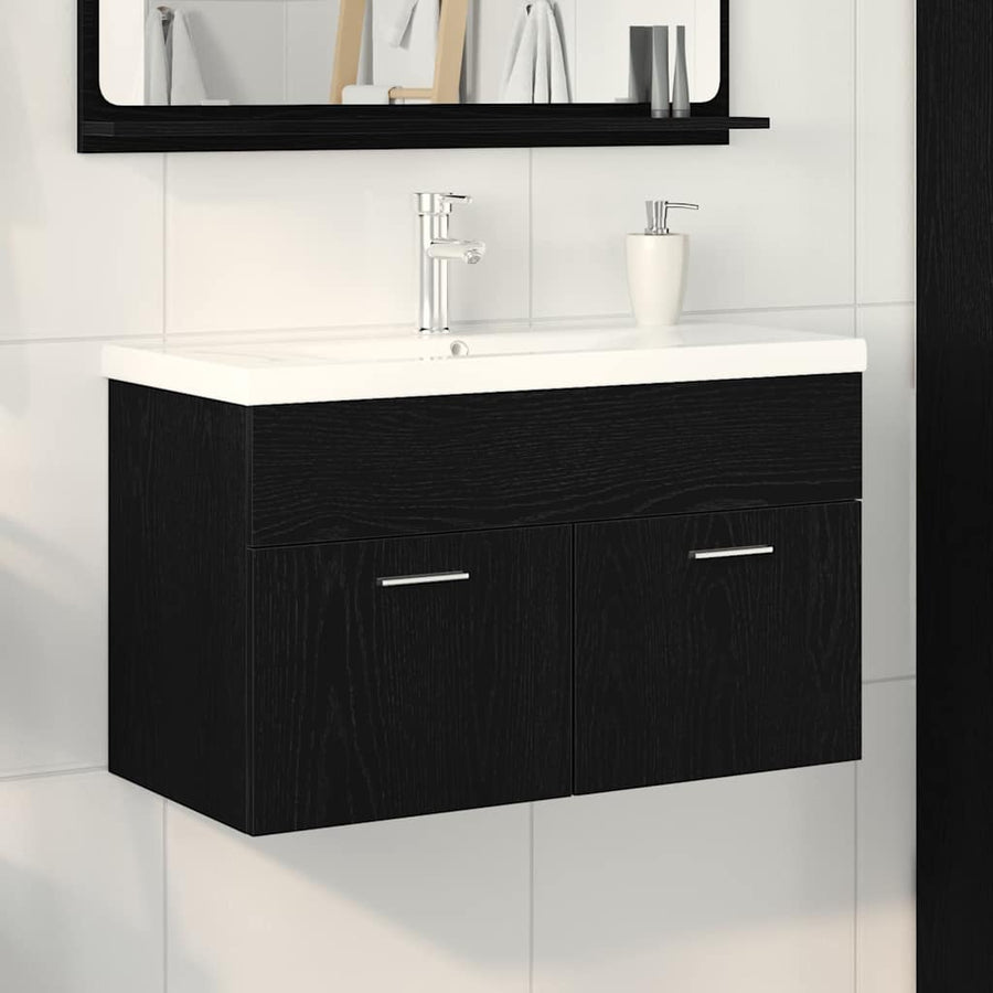 Badkamerkast Zwart Eiken 80 x 38,5 x 46 cm Bewerkt hout