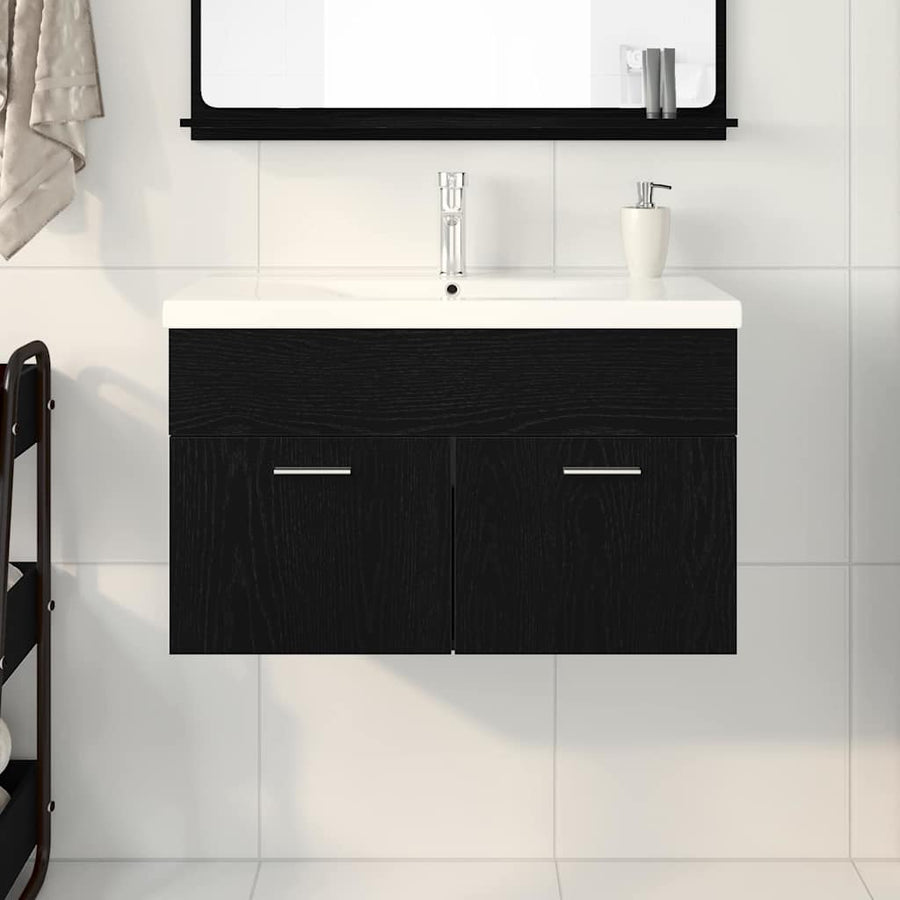 Badkamerkast Zwart Eiken 80 x 38,5 x 46 cm Bewerkt hout