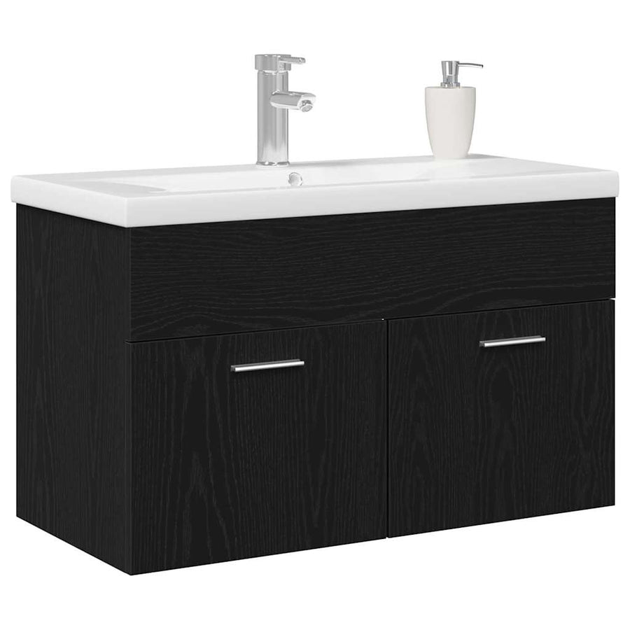 Badkamerkast Zwart Eiken 80 x 38,5 x 46 cm Bewerkt hout