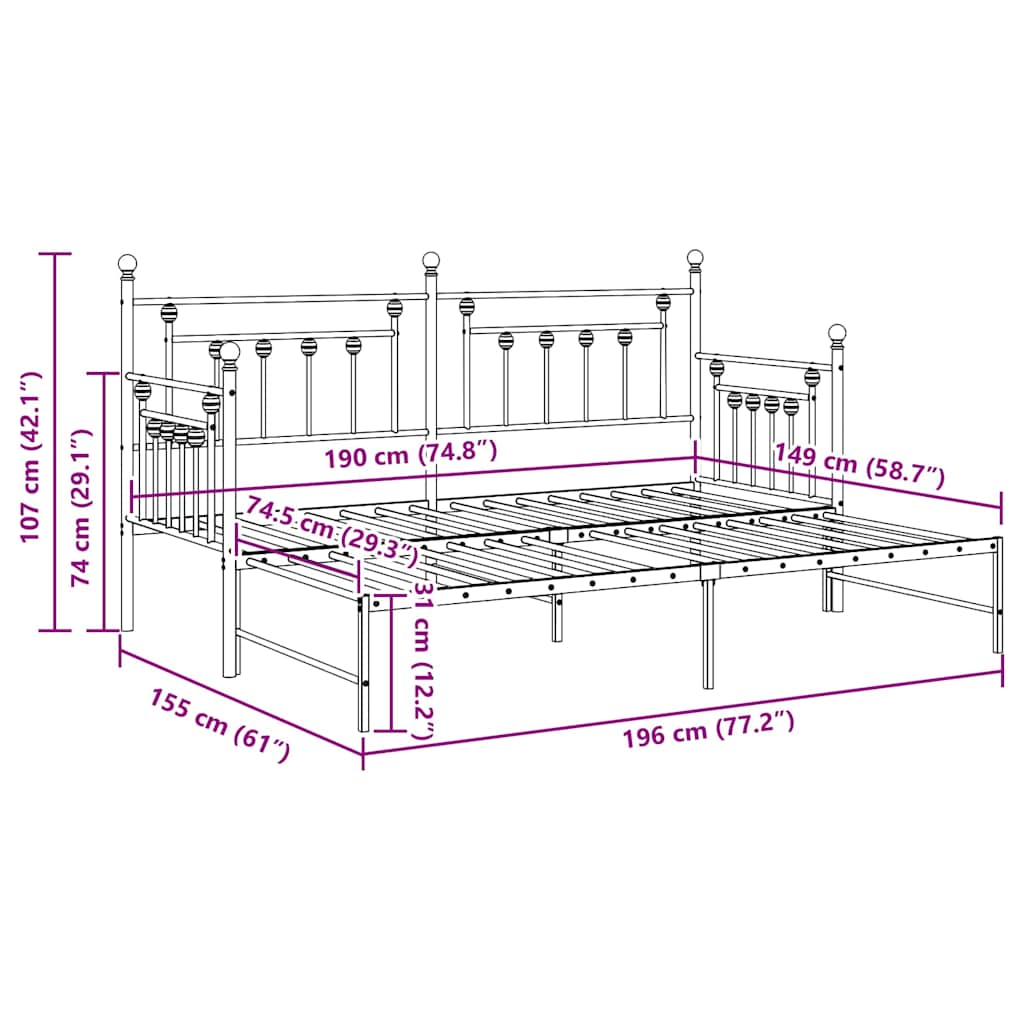 Bedframe voor een daybed Zwart 75 x 190 cm Staal