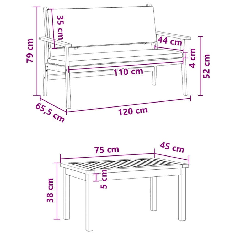Tuinbankenset met kussen 2 pcs Antraciet Massief Acaciahout