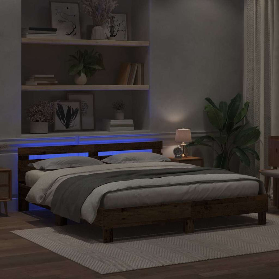 Bedframe met LED Oudhout 200 x 200 cm Bewerkt hout