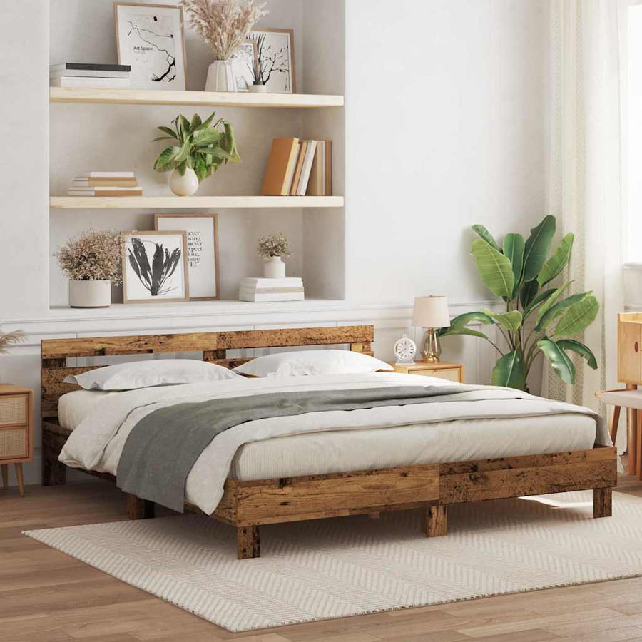 Bedframe met LED Oudhout 200 x 200 cm Bewerkt hout