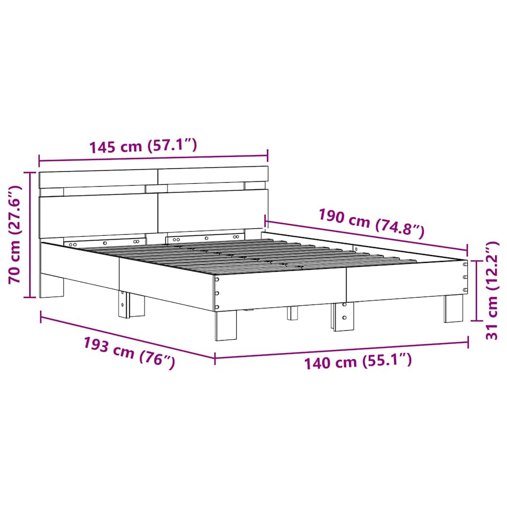 Bedframe met hoofdeinde Artisan Eiken 140 x 190 cm Bewerkt hout