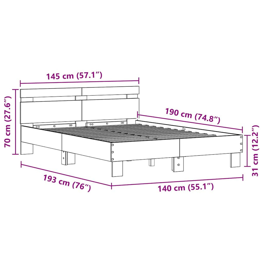 Bedframe met hoofdeinde Artisan Eiken 140 x 190 cm Bewerkt hout
