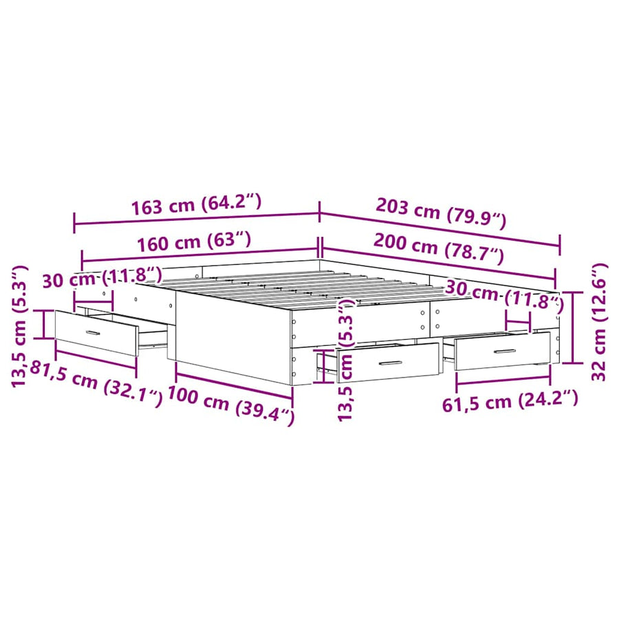 Bedframe met lades artisanaal eikenkleurig 160 x 200 cm